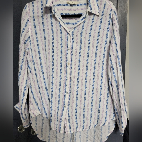 Jane and Delancy-White Rayon Button-Up Shirt with Blue and Purple Birds- Size M - Picture 1 of 7